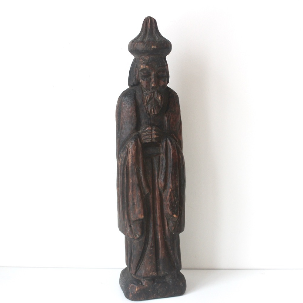 Carved Wood Monk Sculpture, Japanese Shou Sugi Ban Burned Wood , Vintage